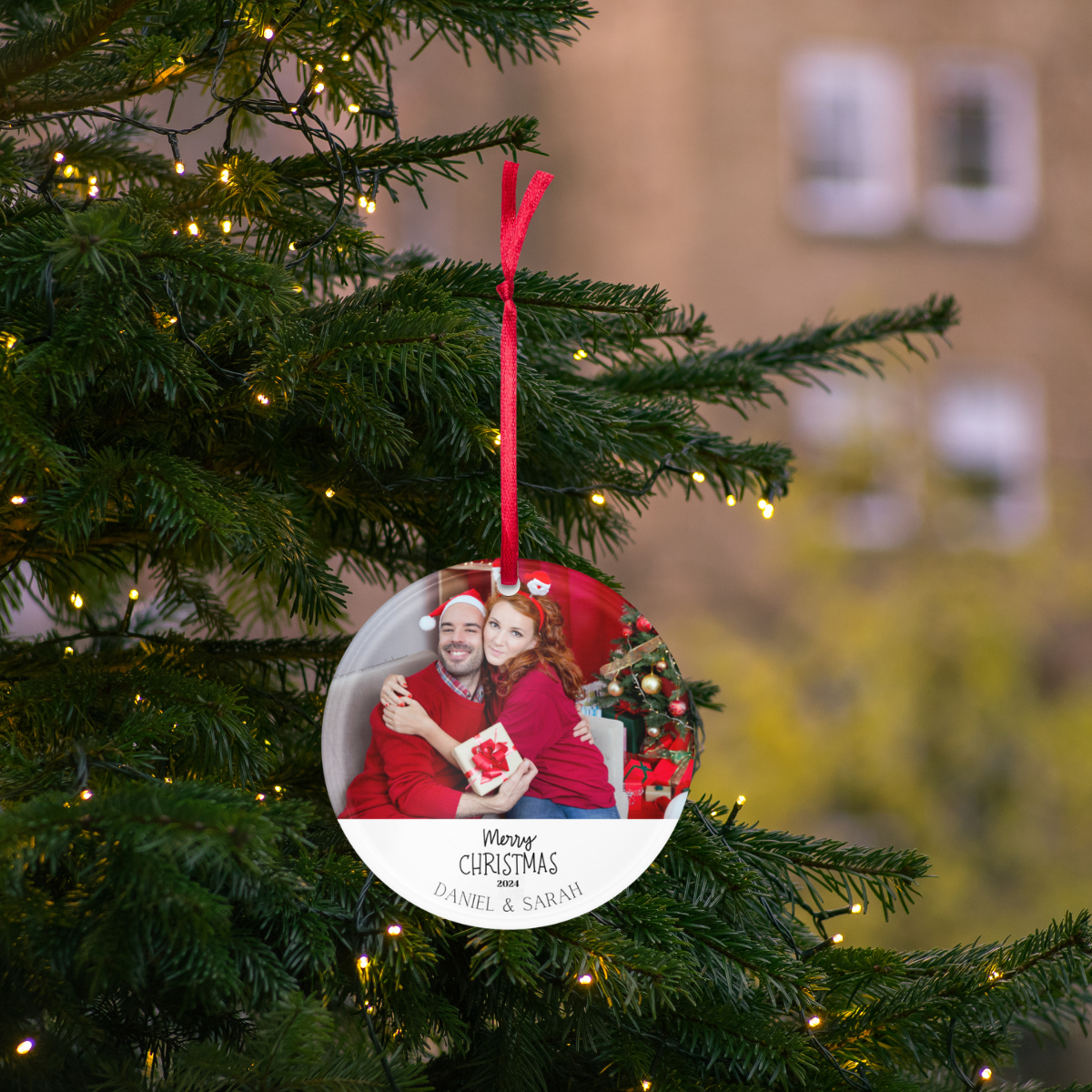 Personalized Christmas Ornament with Photos and Names : Merry Christmas 2024 Circle Acrylic Ornament