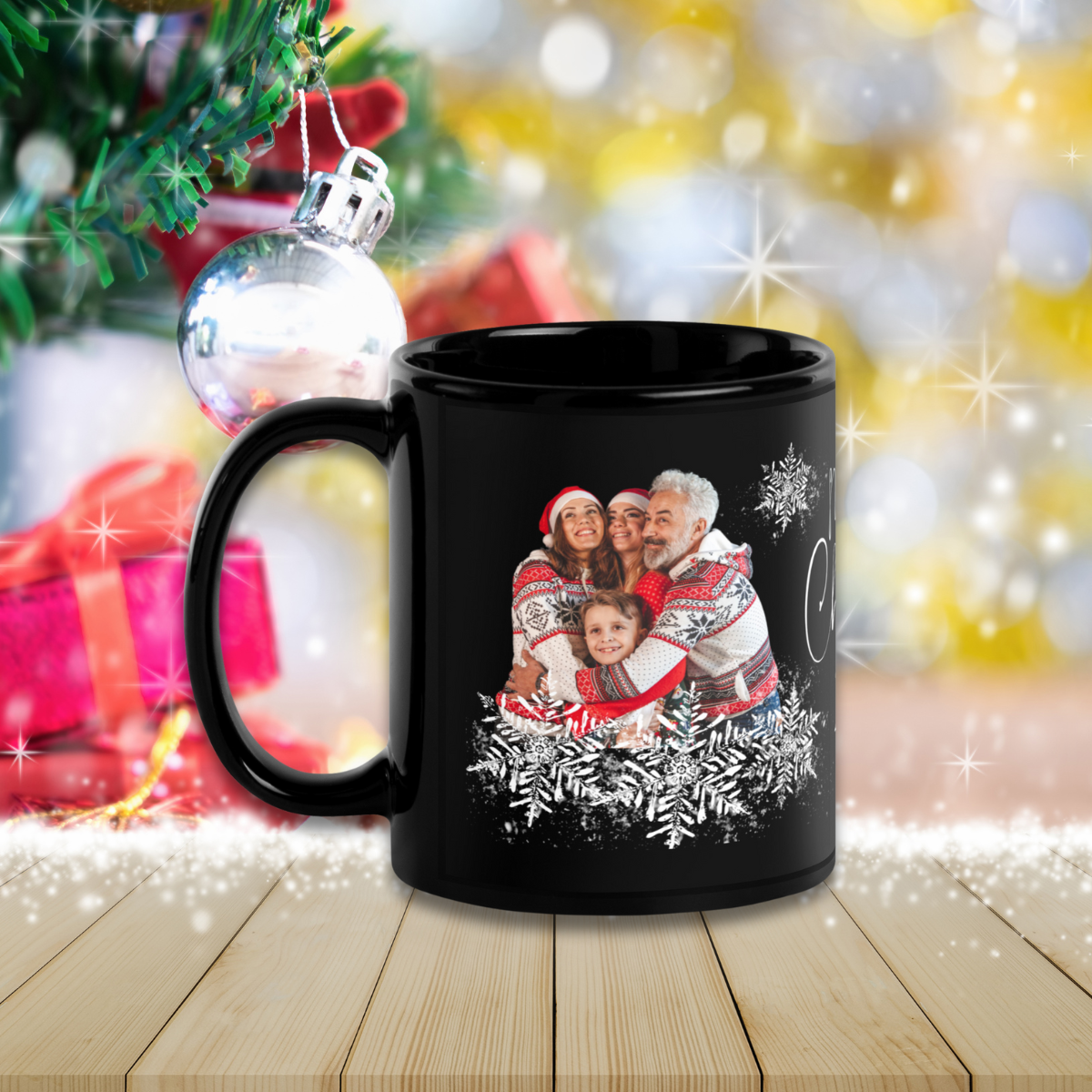 Personalized Image Merry Christmas 2024 Coffee Cup Black Glossy Mug