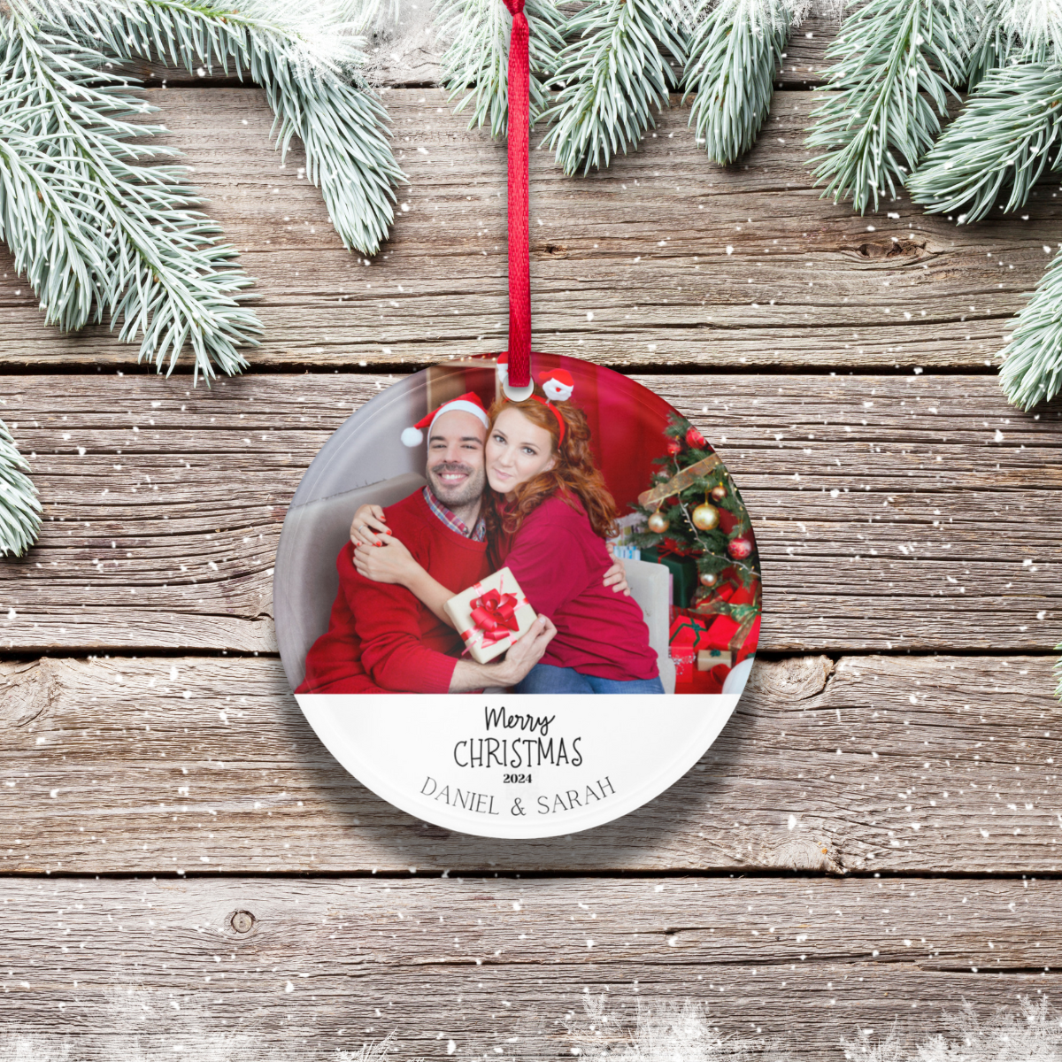 Personalized Christmas Ornament with Photos and Names : Merry Christmas 2024 Circle Acrylic Ornament